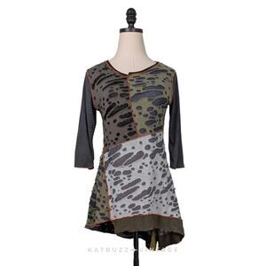 Vintage Tunic Top Patchwork Green Black Lagenlook Artsy Distressed Stripe Orange